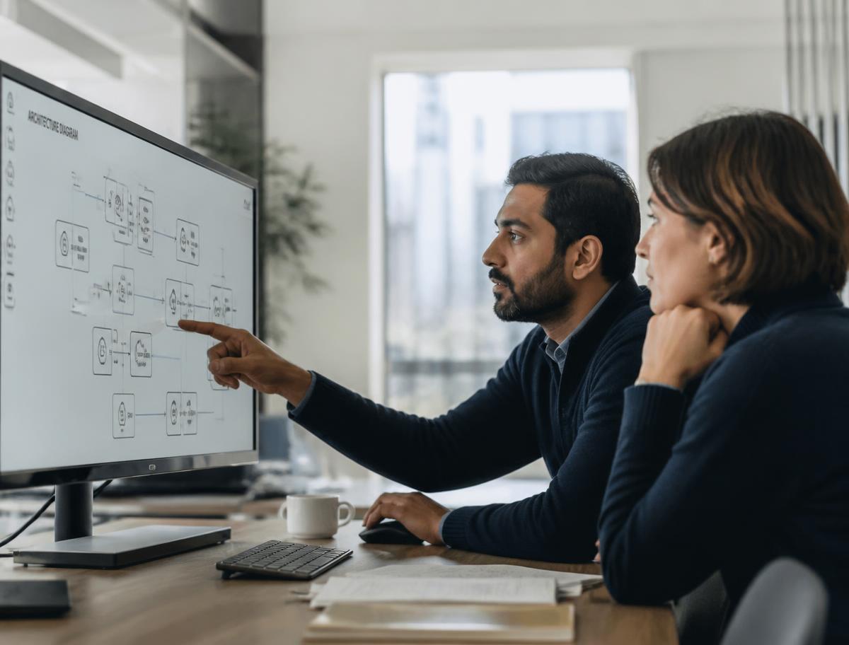 Two Readmissa engineers reviewing an architecture diagram on screen